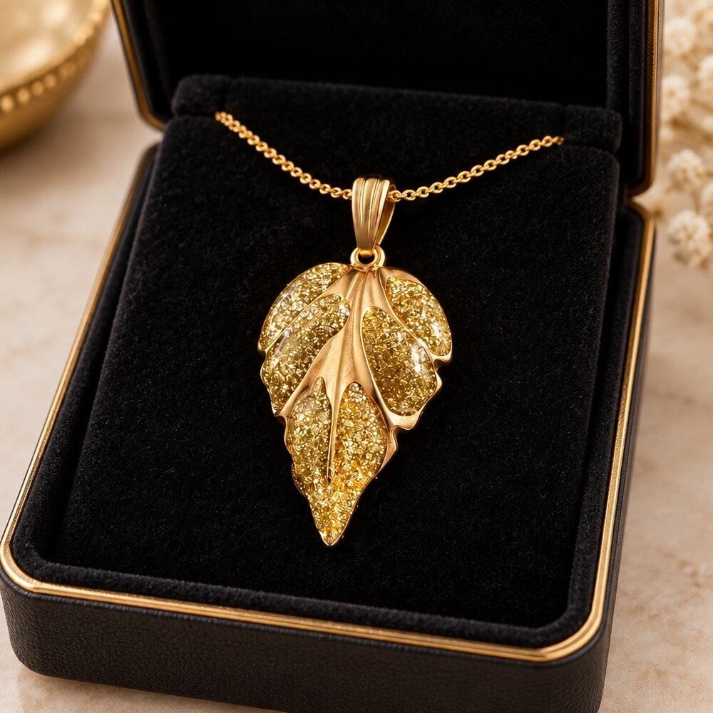 Vintage 18K Gold Dust Filled Leaf Pendant Necklace Textured Stardust Botanical